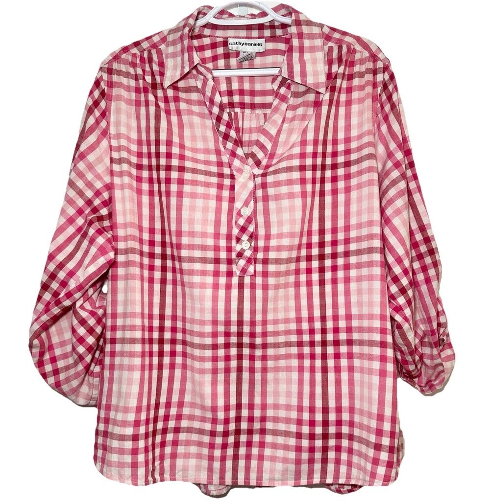 Cathy Daniels 1X Pink Plaid Cotton Roll Tab Sleeve Popover Blouse Plus Size